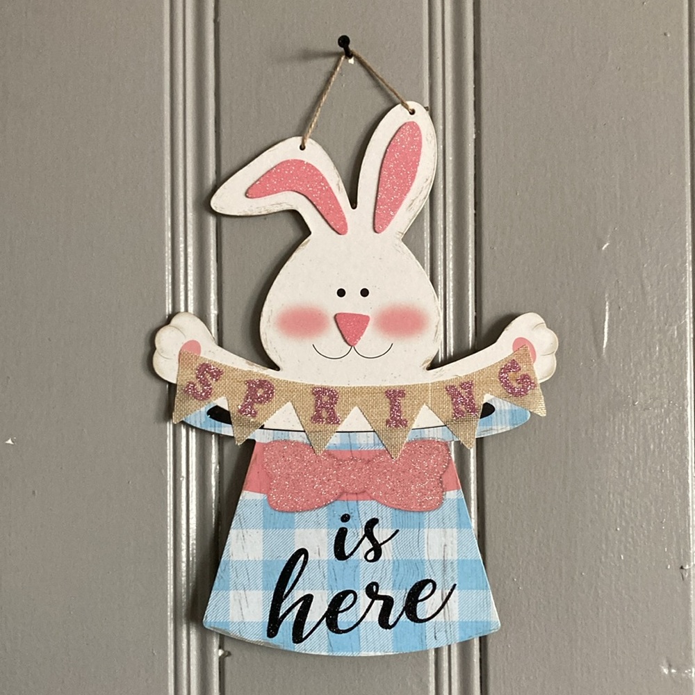 NWT Glittered SPRING is Here Banner Bunny Wooden Decoration Sign